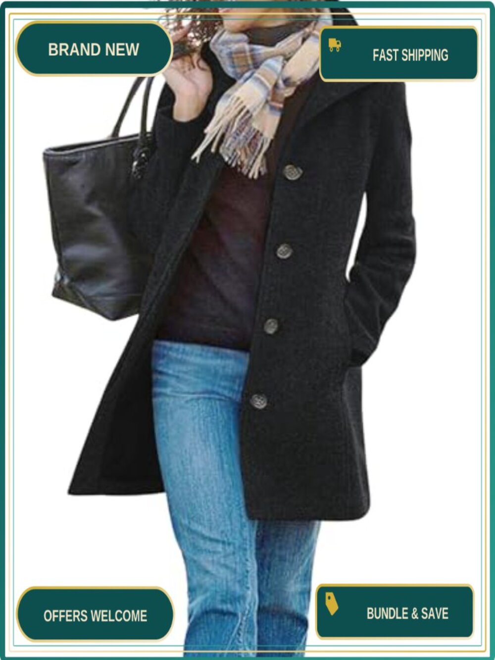 Wool Blend Pea Coat Stand Collar Single Breasted Midi Winter
